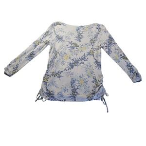 T by Talbots Floral Knit Top S Ruched Drawstring Sides Cottagecore Ruched Sleeve